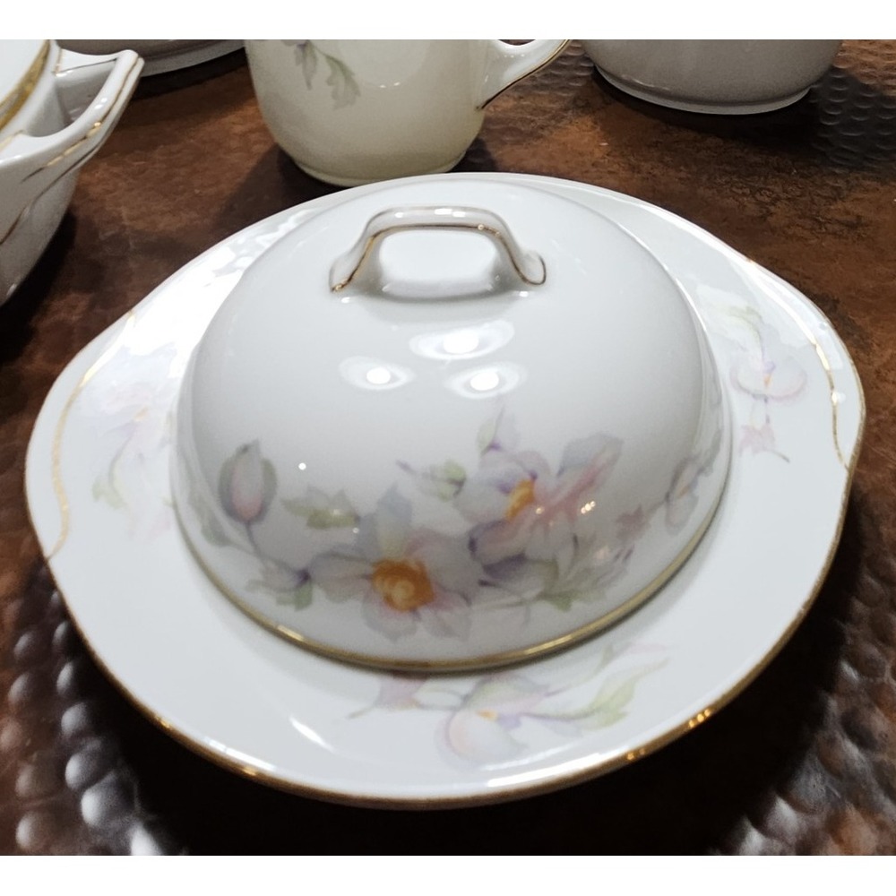 Epiag Aich AIH7 Covered Butter Dish w INSERT Czech Porcelain Floral Gold Trim